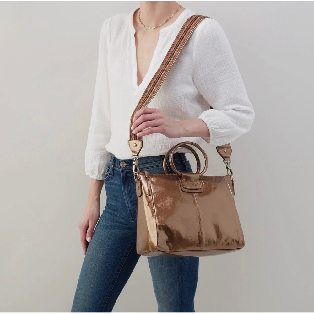 Hobo Sheila Metallic Bronze Patent Leather Satchel Crossbody Bag Striped Strap